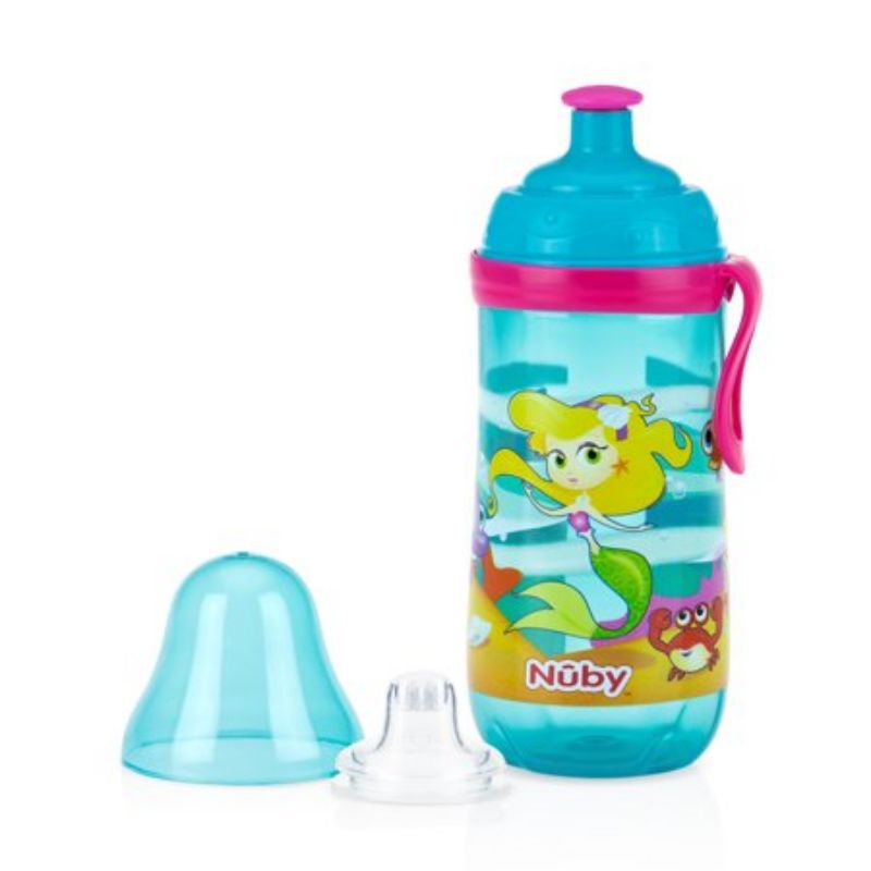 Nuby Printed Kids Pop Up Sipper Water Bottle 3 Pack, 12 oz (Pink, Purple, Aqua)